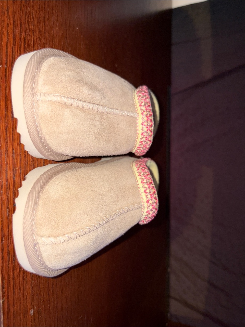 UGG Kids Beige Suede Slippers with Pink Trim